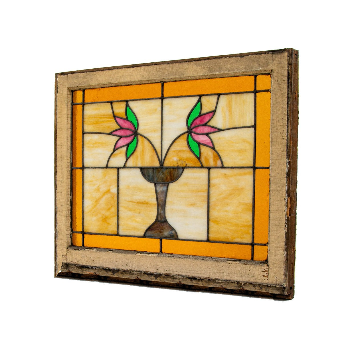 original and intact early 1920s richly colored salvaged chicago bungalow stained glass window with potted plant