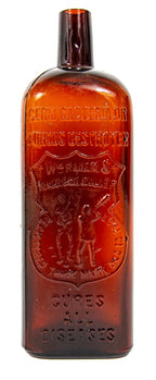 rare late 19th century antique american medical dark amber or brown glass "radam's microbe killer" embossed medicinal bottle with tooled plain lip