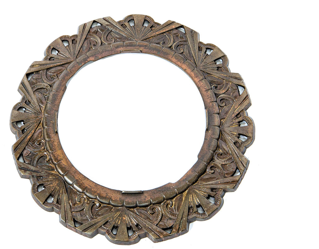 refinished c. 1930s visually striking and richly ornamented cast iron art deco style light fixture canopy ring