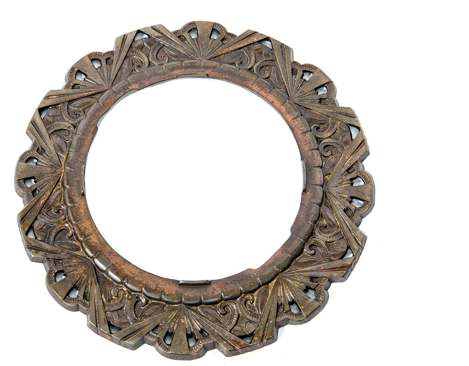 refinished c. 1930s visually striking and richly ornamented cast iron art deco style light fixture canopy ring