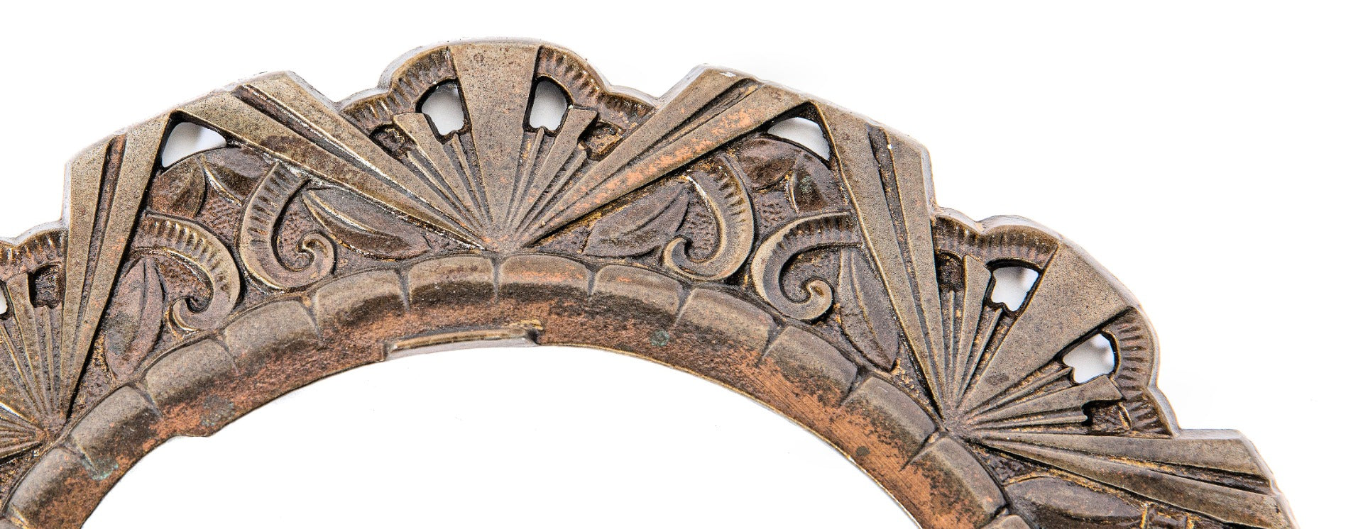 refinished c. 1930s visually striking and richly ornamented cast iron art deco style light fixture canopy ring