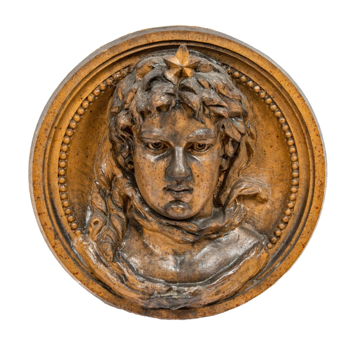 rare museum-quality speckled glazed oversized henry ottenheimer-designed boniface school terra cotta figural rondel