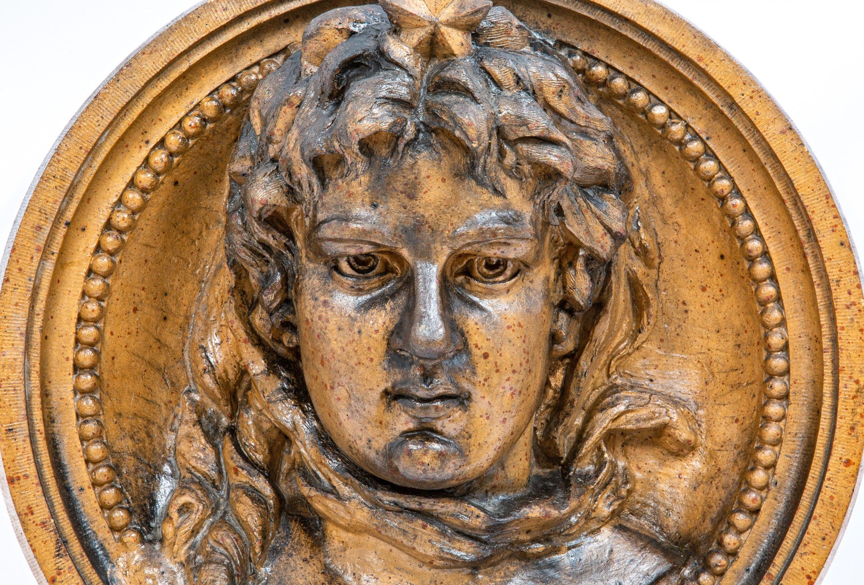 rare museum-quality speckled glazed oversized henry ottenheimer-designed boniface school terra cotta figural rondel