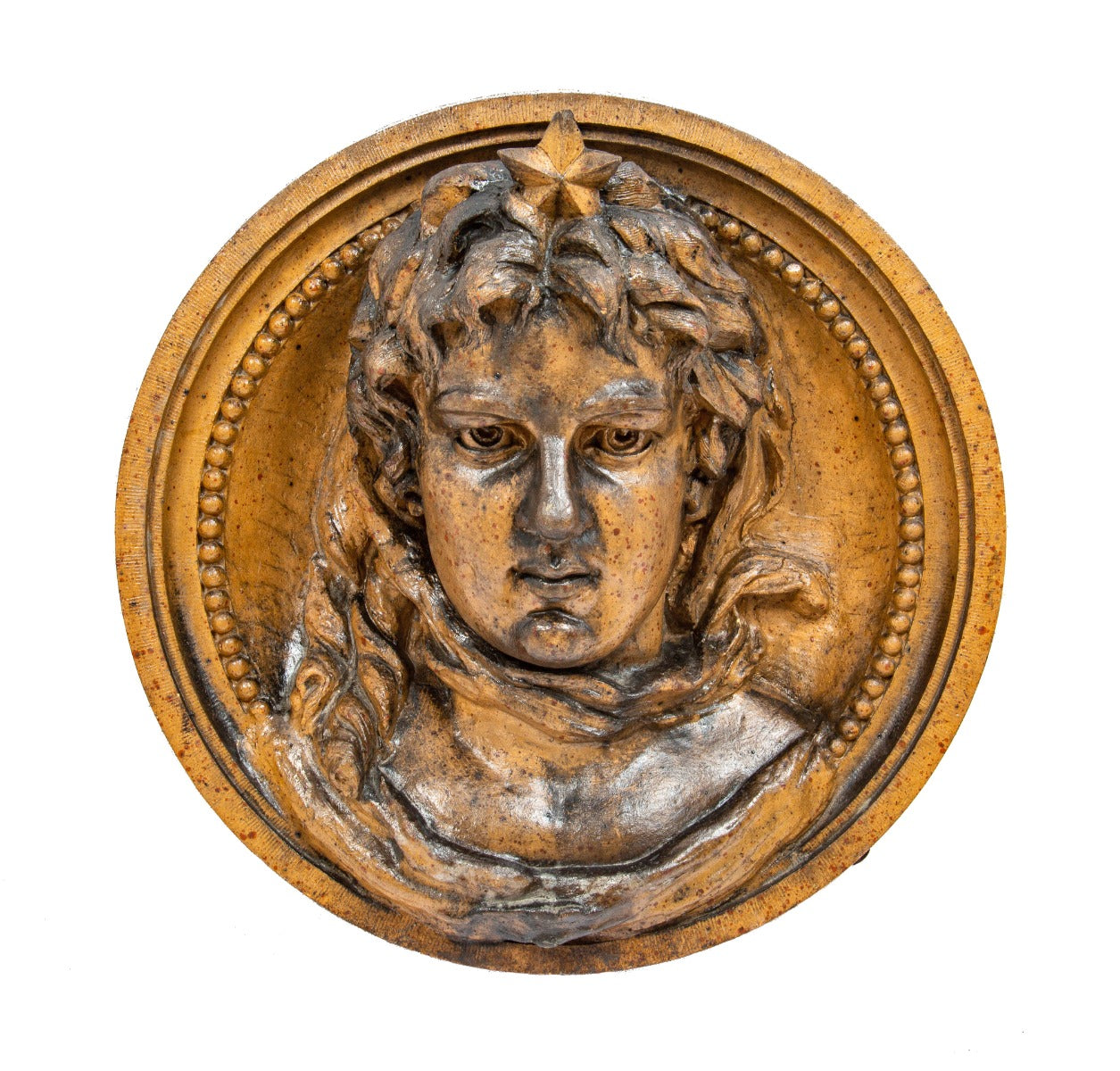 rare museum-quality speckled glazed oversized henry ottenheimer-designed boniface school terra cotta figural rondel