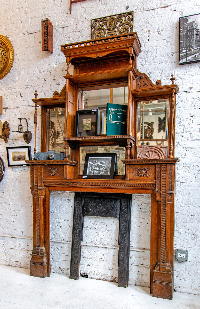 exceptional oversized all original edbrooke and burnham-designed 1880s salvaged chicago oak fireplace mantel with beveled mirrors and drawers