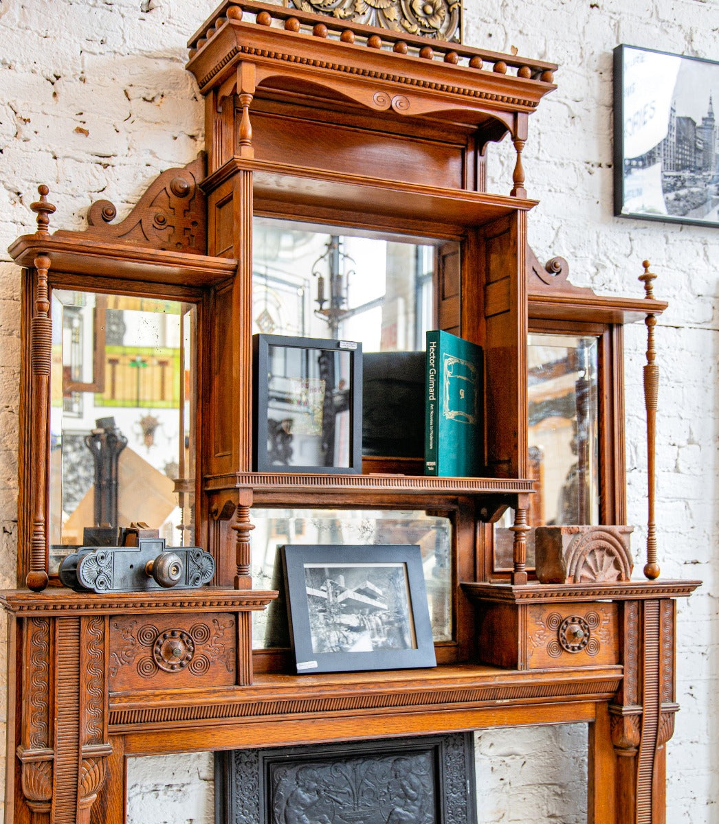 exceptional oversized all original edbrooke and burnham-designed 1880s salvaged chicago oak fireplace mantel with beveled mirrors and drawers