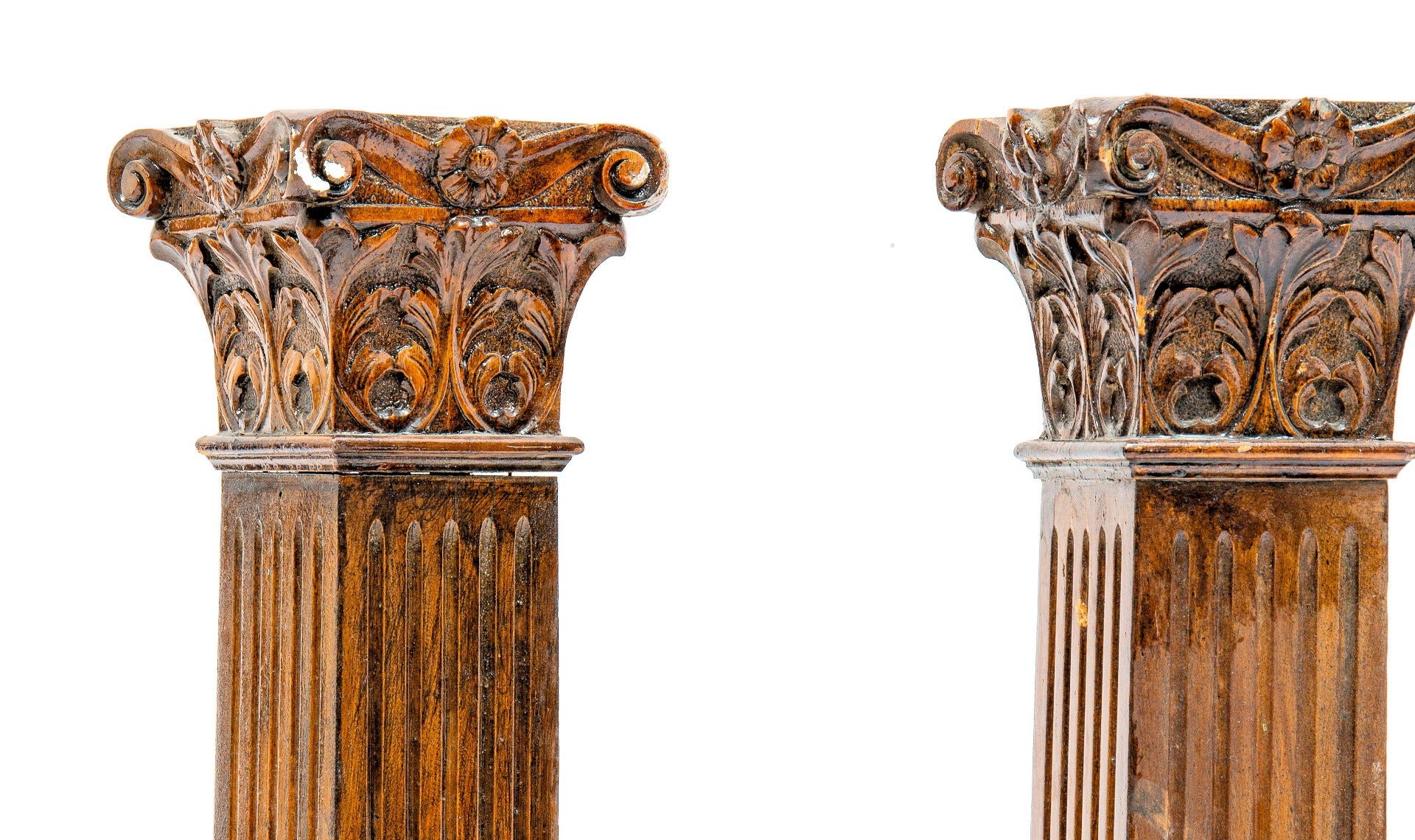 stunning 19th century hand-carved darkly stained solid cherry wood diminutive fluted wood columns