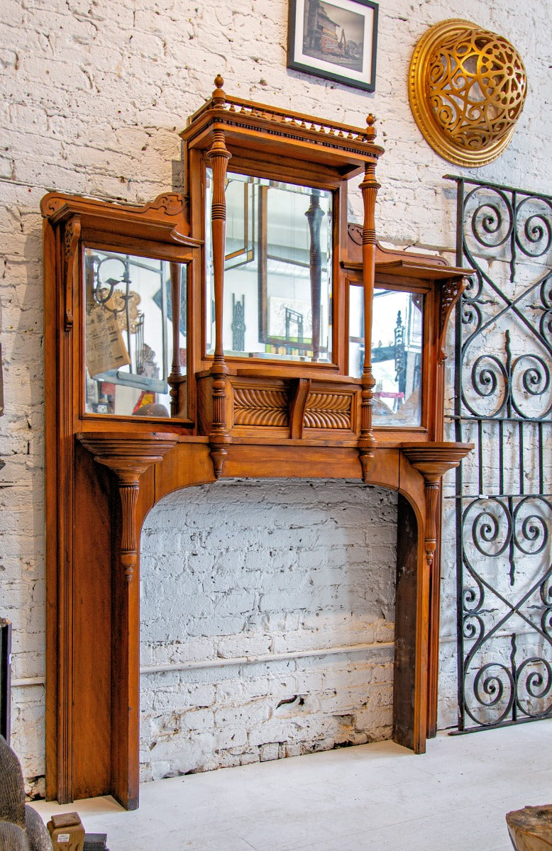 original 1887-88 custom-built edbrooke and burnham-designed salvaged chicago oversized solid cherry fireplace mantel with original finish