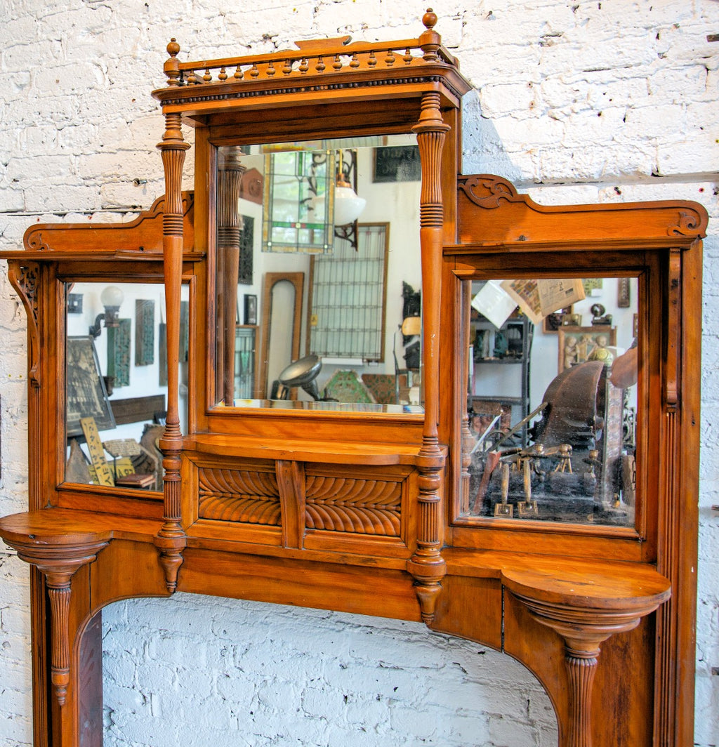 original 1887-88 custom-built edbrooke and burnham-designed salvaged chicago oversized solid cherry fireplace mantel with original finish