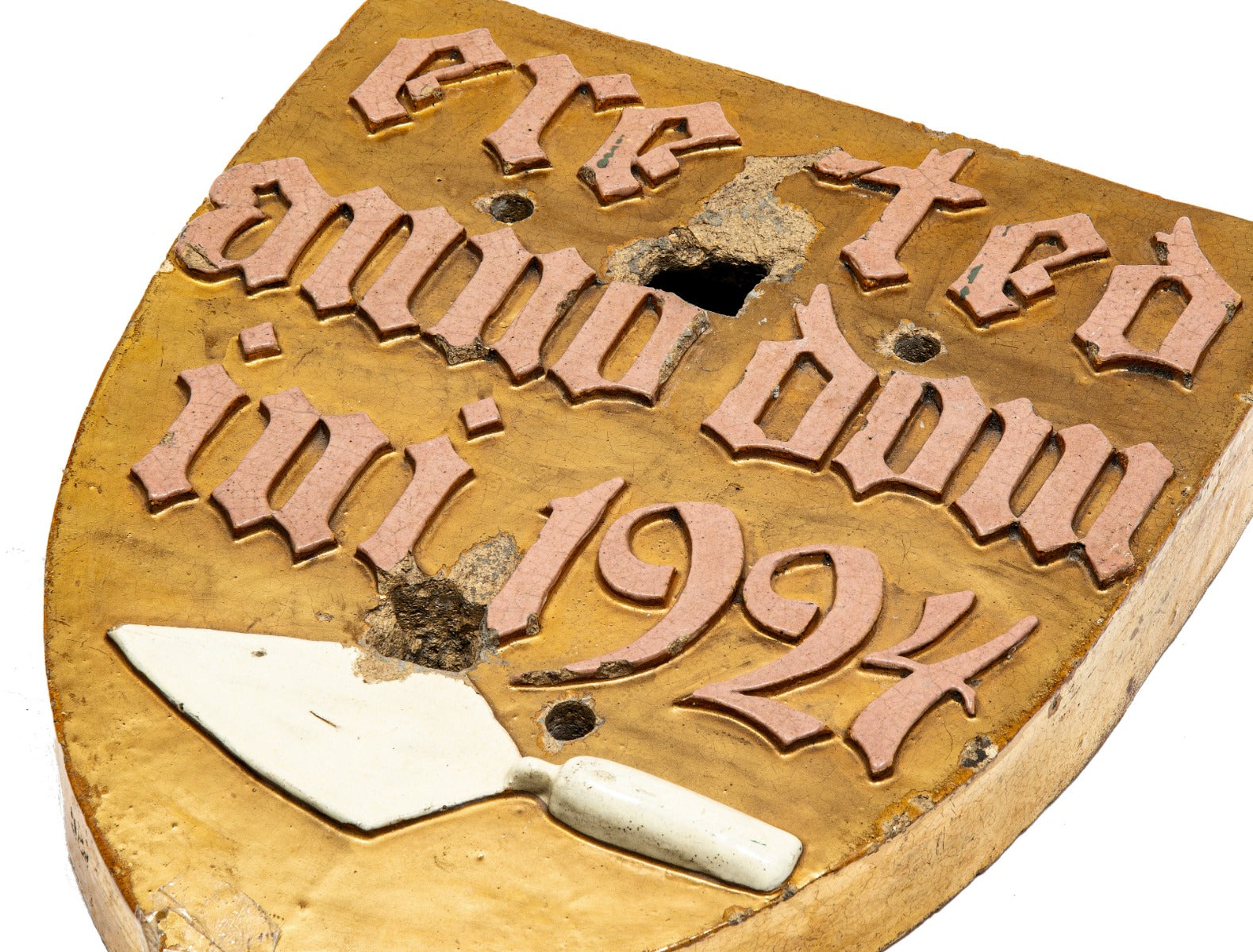 c. 1920's 24-karat gold glazed ornamental terra cotta r.r. donnelley printing plant exterior facade shield with hand trowel