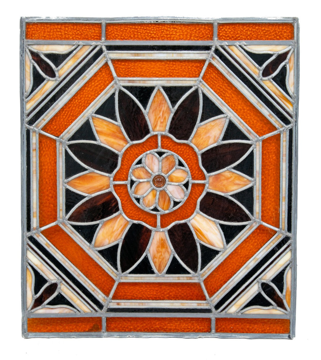 unusual 1890-1910 intact custom-designed  american victorian leaded stained glass window with geometric floral motif and centrally located jewel