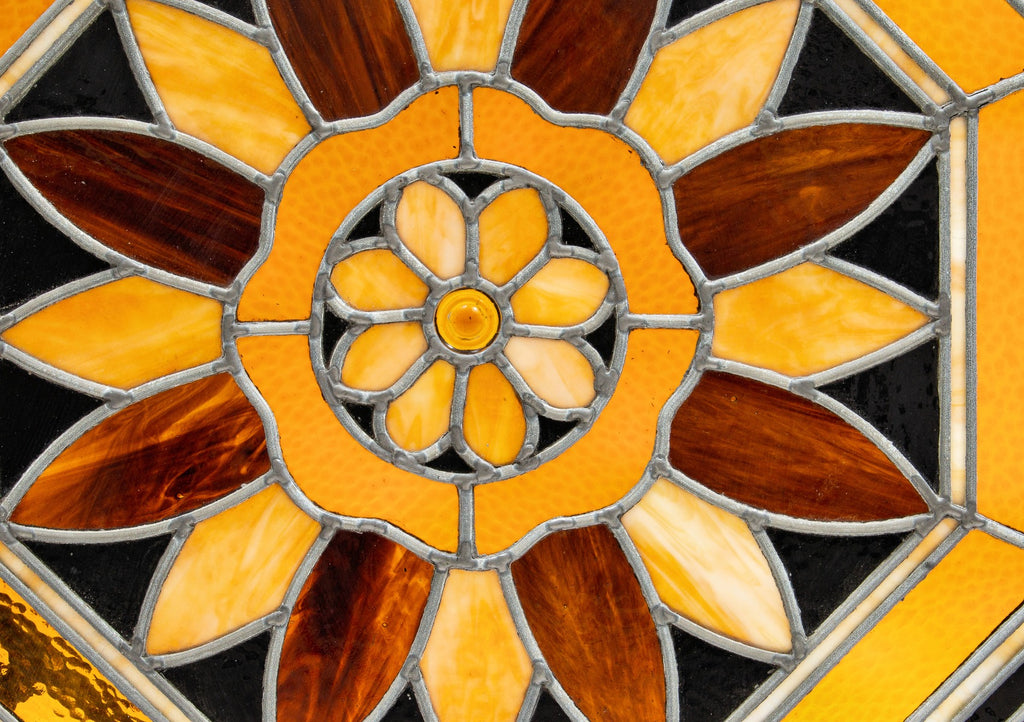 unusual 1890-1910 intact custom-designed  american victorian leaded stained glass window with geometric floral motif and centrally located jewel