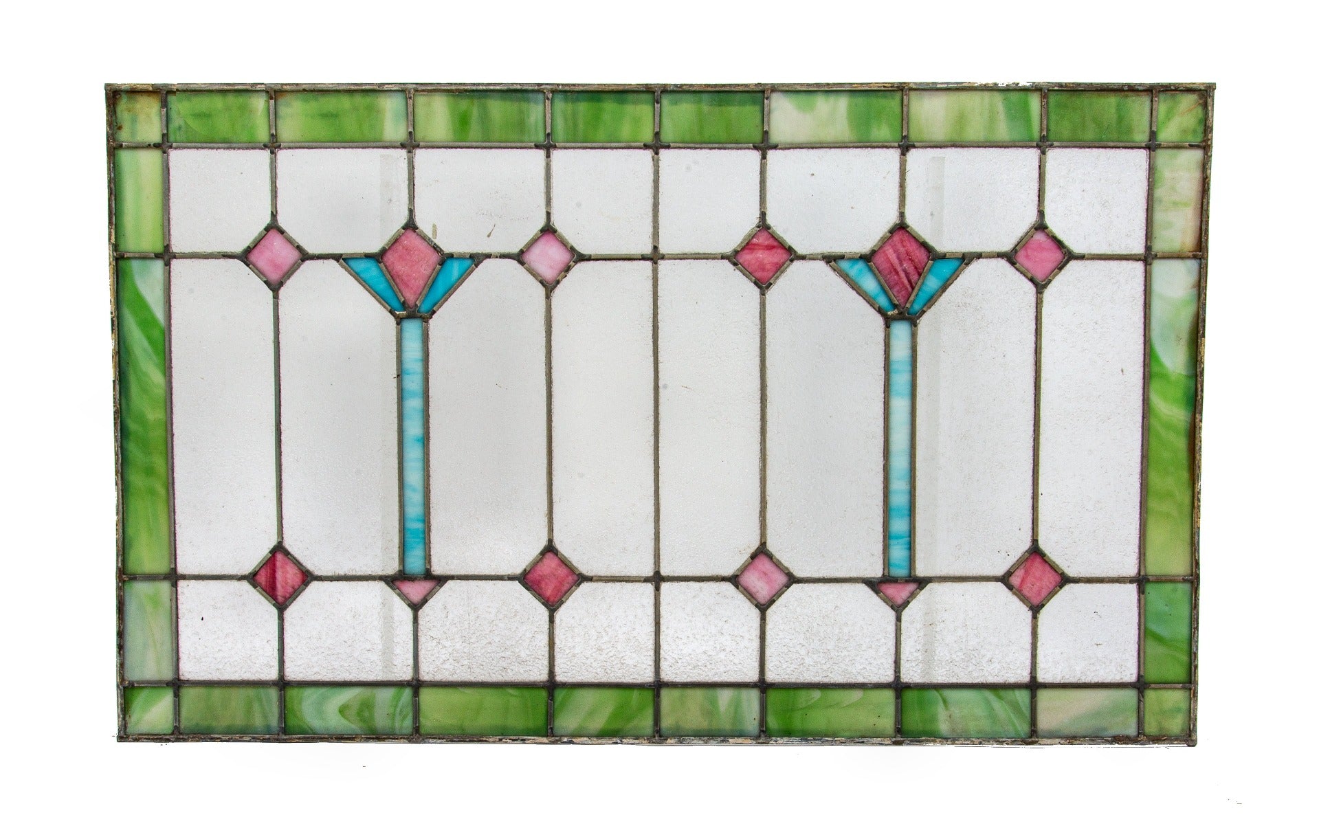 original 1915-20 salvaged chicago interior leaded art glass craftsman style strongly geometric art glass transom window