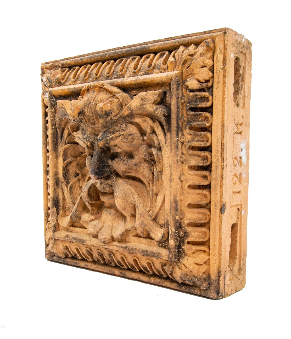 impressive oversized early 1880s extrerior residential figural terra cotta panel salvaged in 1963 from milwaukee's brewer's hill neighborhood