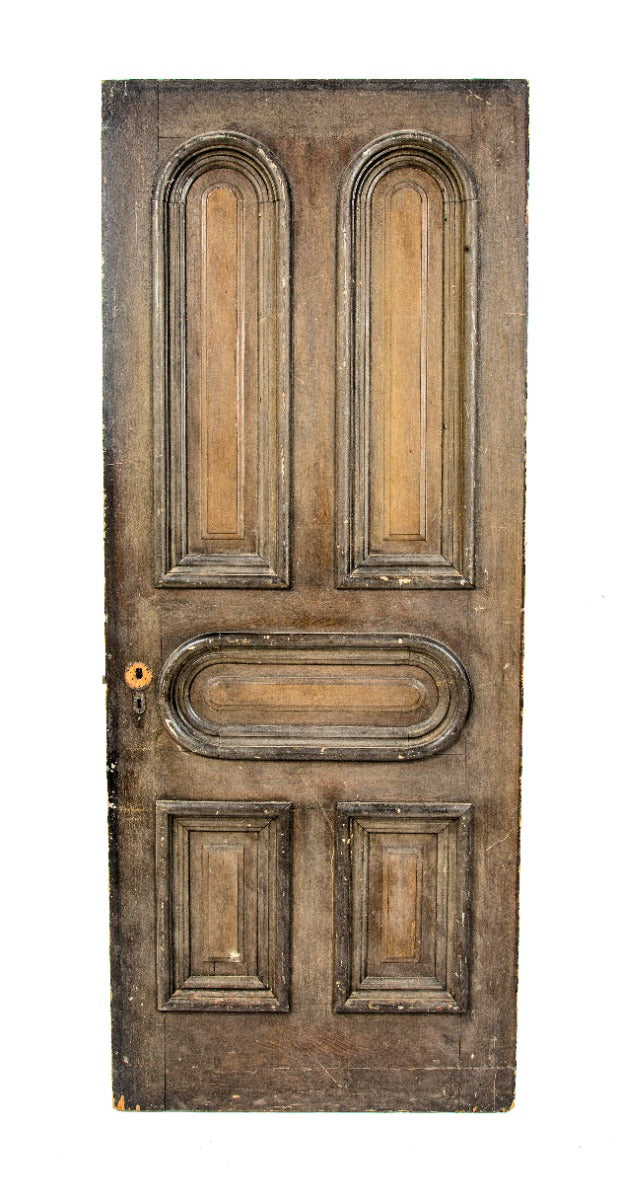 hard to find original 1870s circle-top interior residential pine wood exterior door with multi-part molding