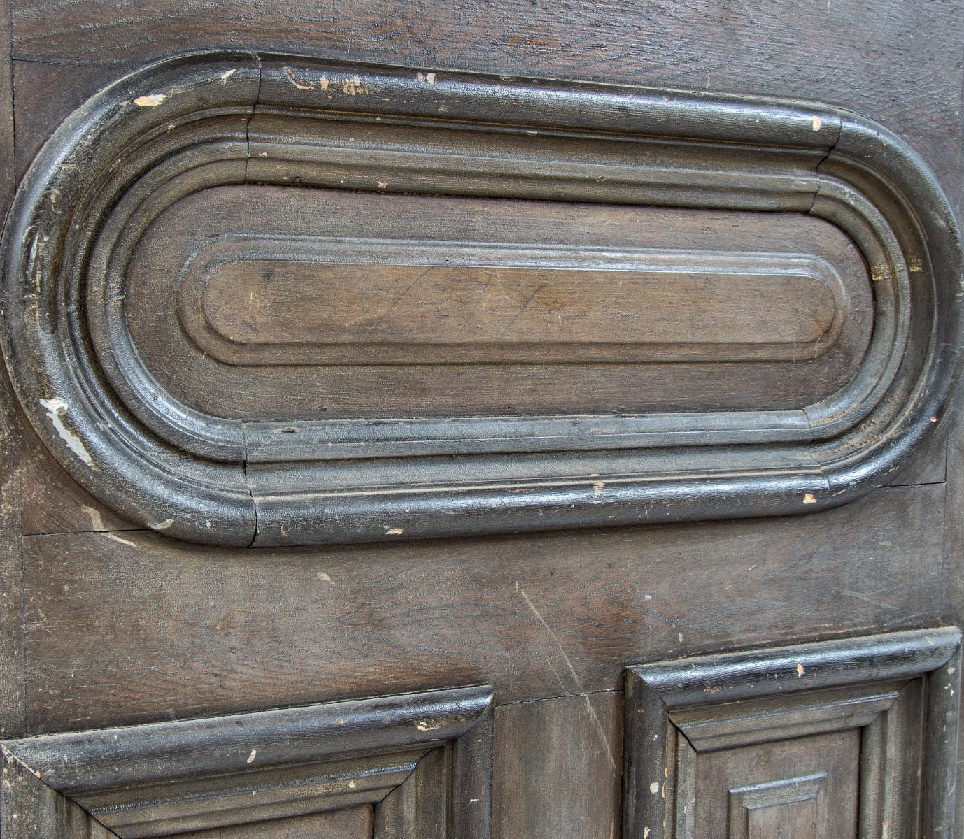 hard to find original 1870s circle-top interior residential pine wood exterior door with multi-part molding