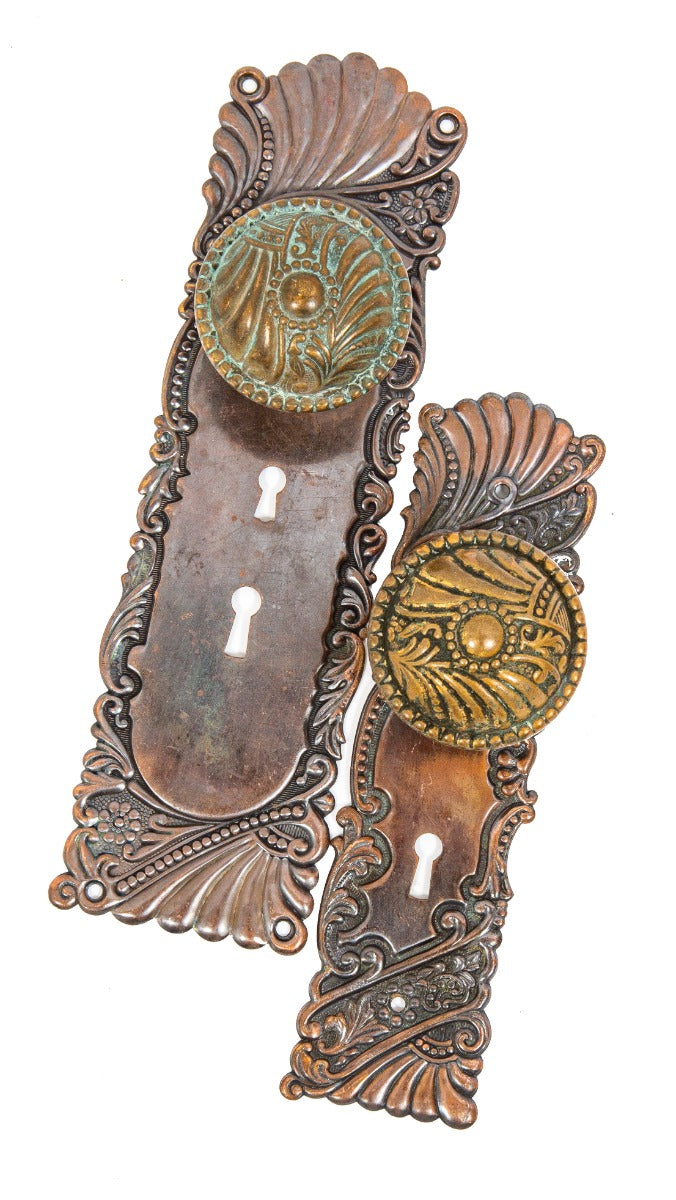 original early 20th century art nouveau style wrought bronze "roanoke" pattern residential entrance door hardware
