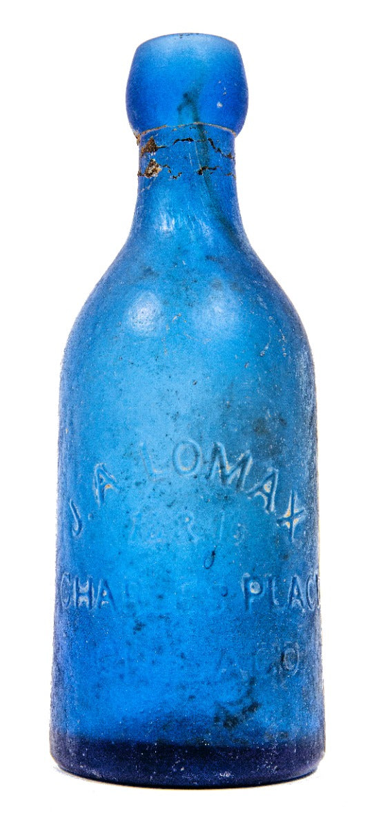 original 1870-1871 pre-fire chicago dug cobalt blue john a. lomax soda bottle fabricated by the b.f.g. company