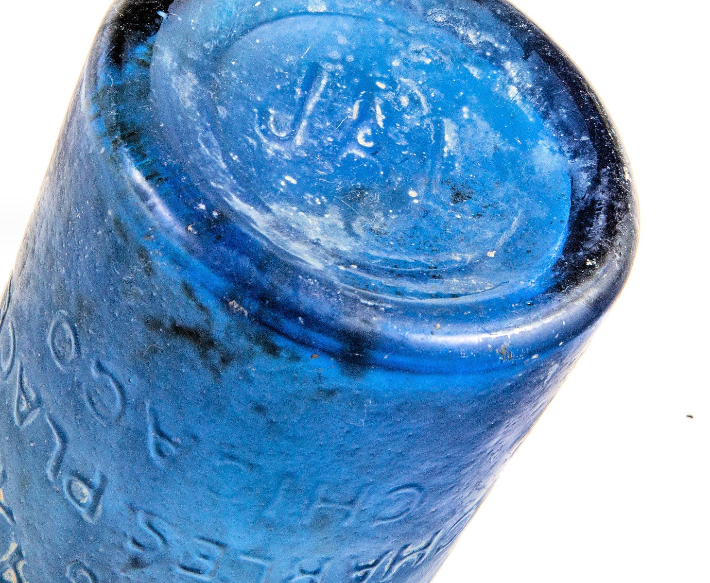 original 1870-1871 pre-fire chicago dug cobalt blue john a. lomax soda bottle fabricated by the b.f.g. company