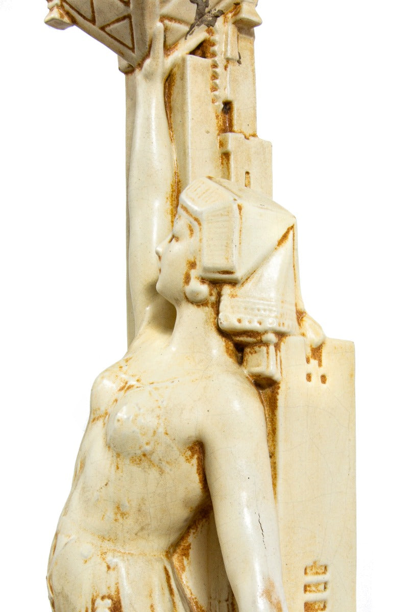 original hard to find oversized two-tone glazed fritz albert-designed northwestern figural terra cotta lamp