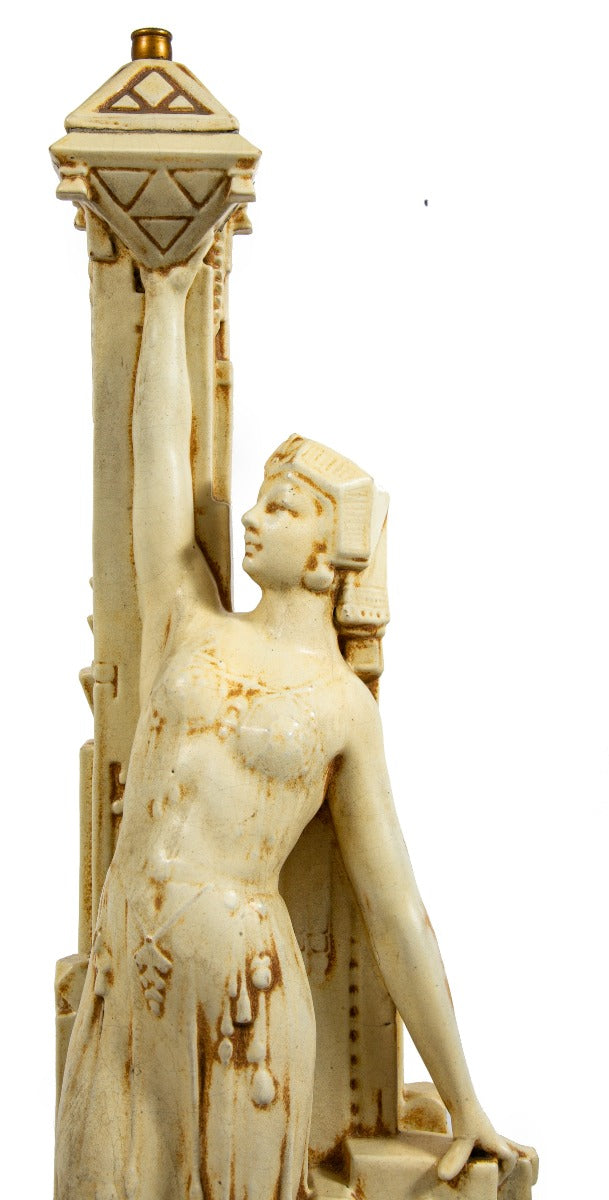original hard to find oversized two-tone glazed fritz albert-designed northwestern figural terra cotta lamp