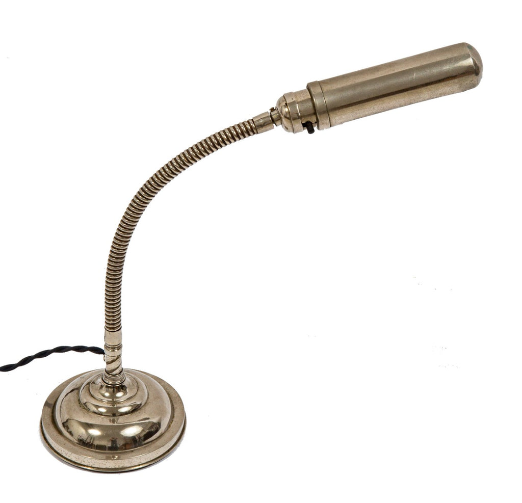 hard to find original nickel-plated early 20th century adjustable faries gooseneck factory office desl lamp with tubular shade