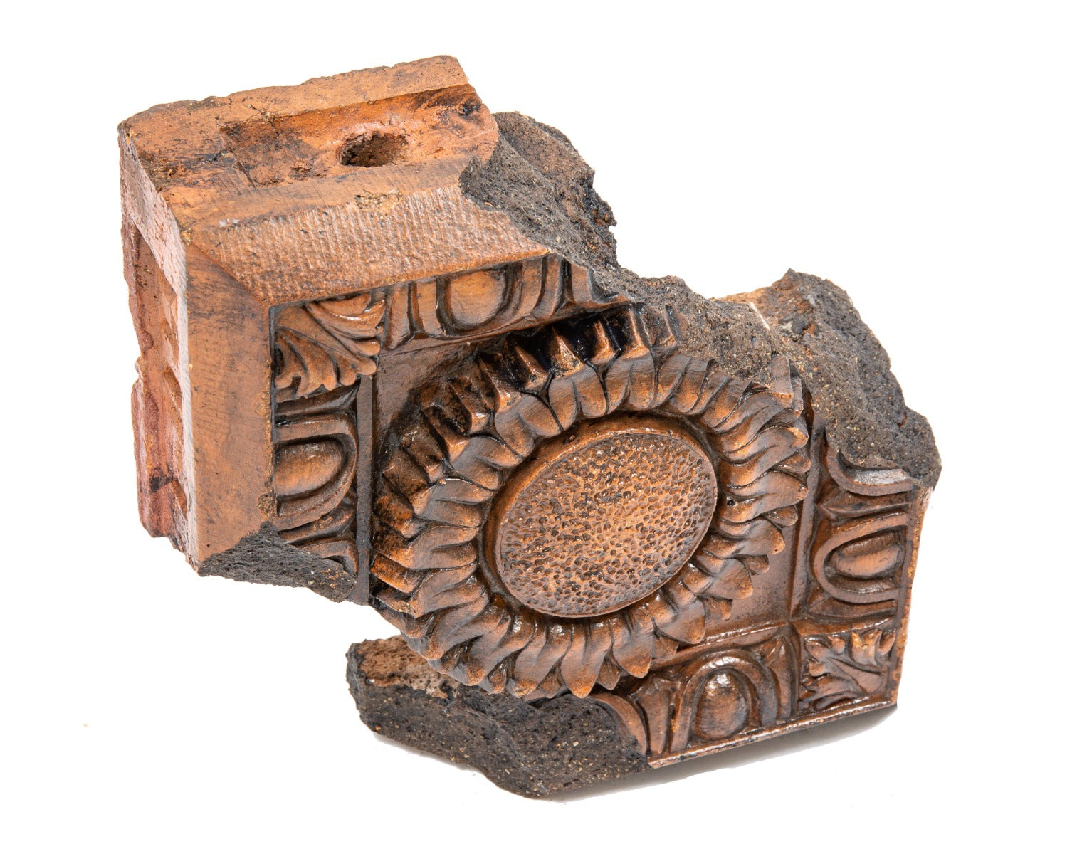 original 1899 louis lehle-designed salvaged chicago exterior brand brewery terra cotta fragment with centrally located floral rosette