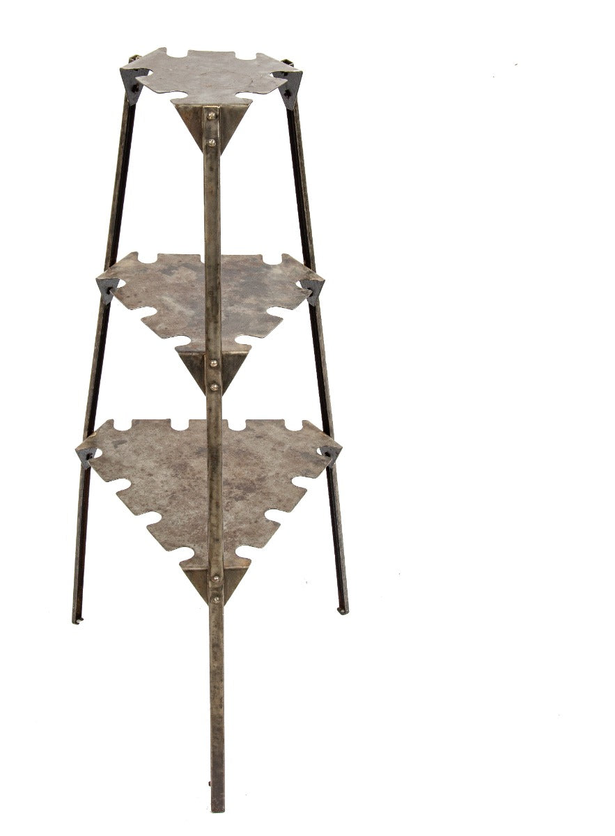 refinished three-tier american depression era pressed heavy gauge steel "nehi" soda bottle display stand with grooved edges for hanging bottles