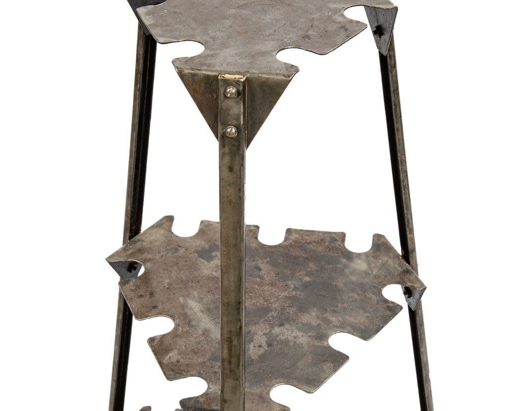 refinished three-tier american depression era pressed heavy gauge steel "nehi" soda bottle display stand with grooved edges for hanging bottles
