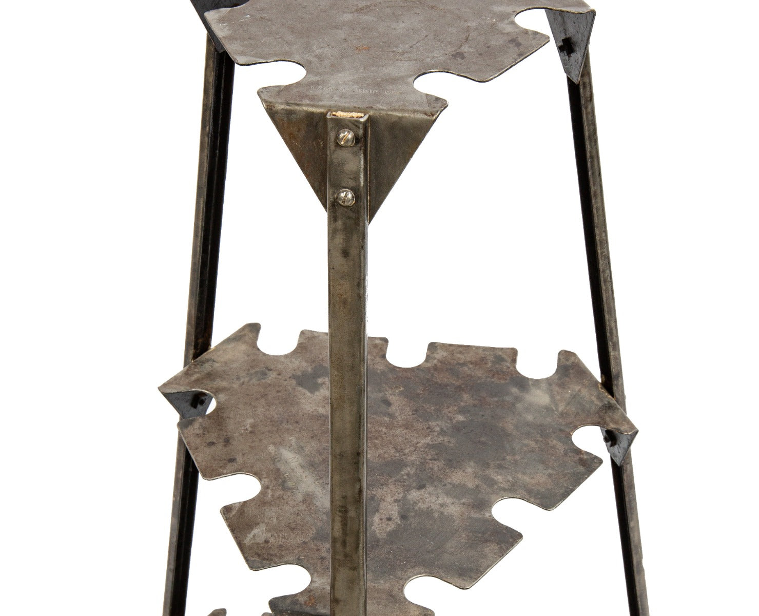 refinished three-tier american depression era pressed heavy gauge steel "nehi" soda bottle display stand with grooved edges for hanging bottles