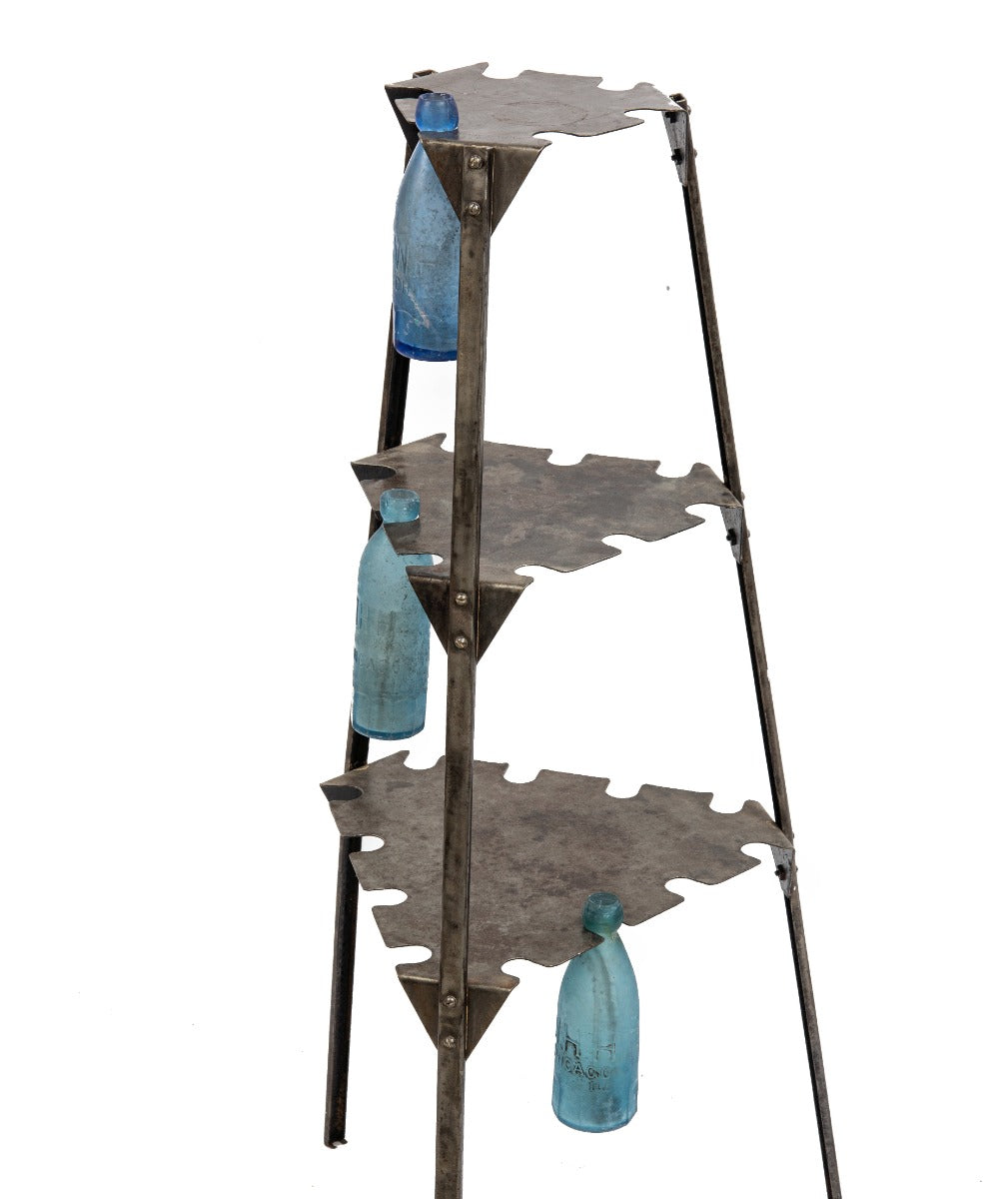 refinished three-tier american depression era pressed heavy gauge steel "nehi" soda bottle display stand with grooved edges for hanging bottles