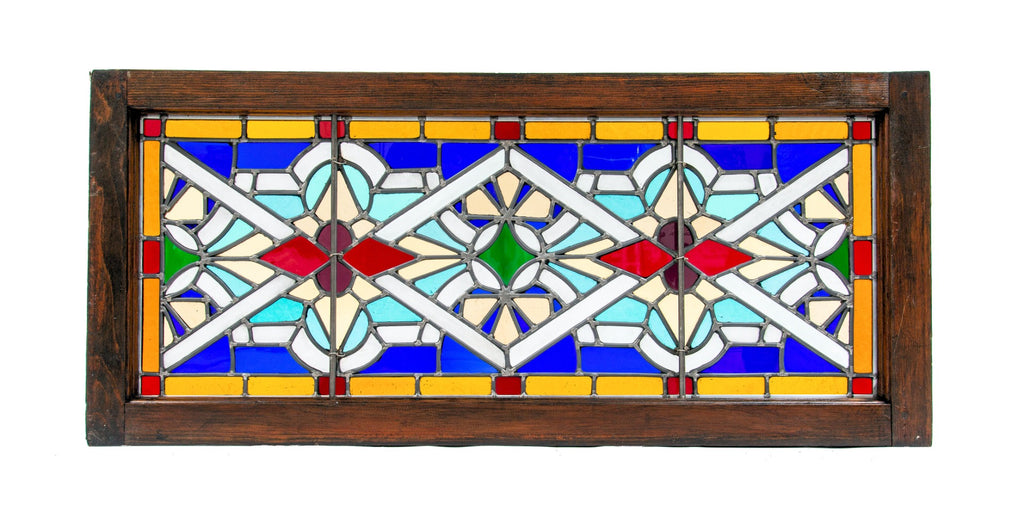 fully restored unusual 1880s salvaged chicago leaded glass victorian-era stained glass transom window with original wood sash