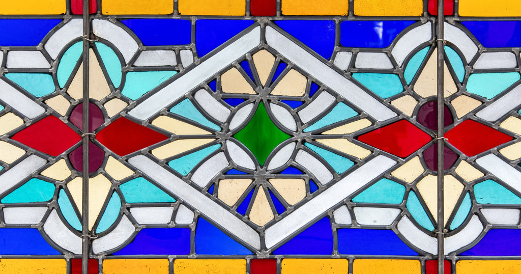 fully restored unusual 1880s salvaged chicago leaded glass victorian-era stained glass transom window with original wood sash