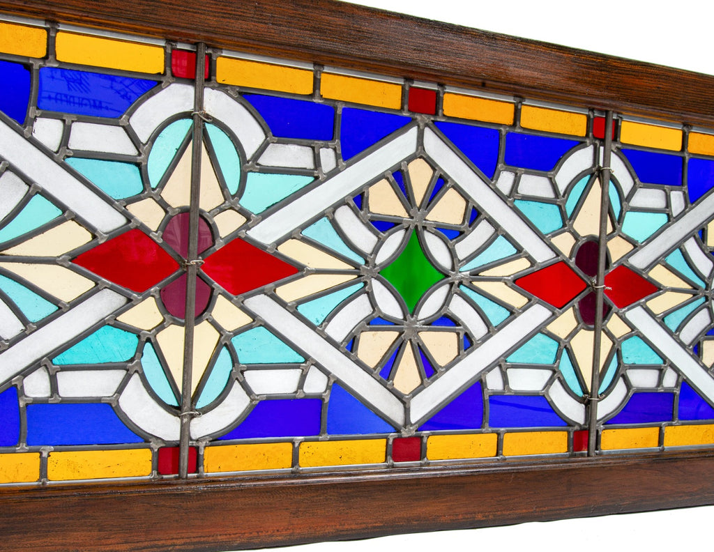 fully restored unusual 1880s salvaged chicago leaded glass victorian-era stained glass transom window with original wood sash
