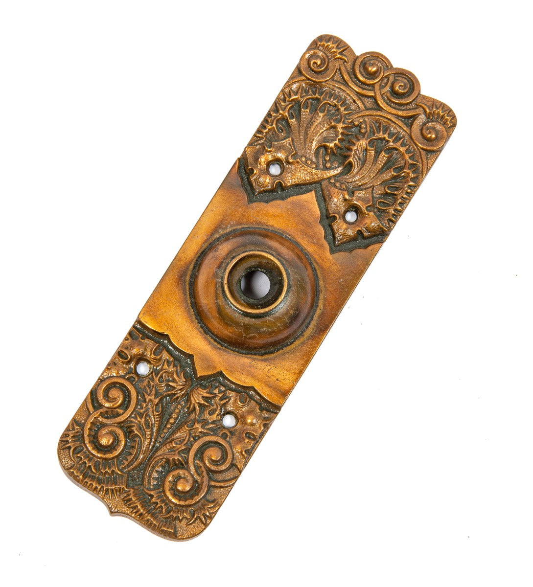 rare 1880s chicago hardware company ornamental cast bronze "thistle" pattern residential doorbell push button backplate