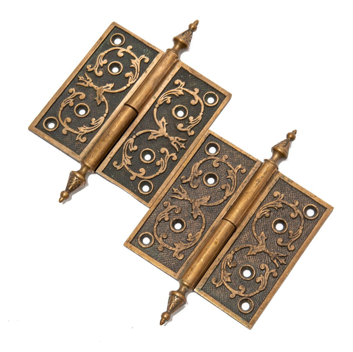 two matching salvaged chicago ornamental cast bronze 5 x 5 inch loose pin door hinges with nicely aged patina