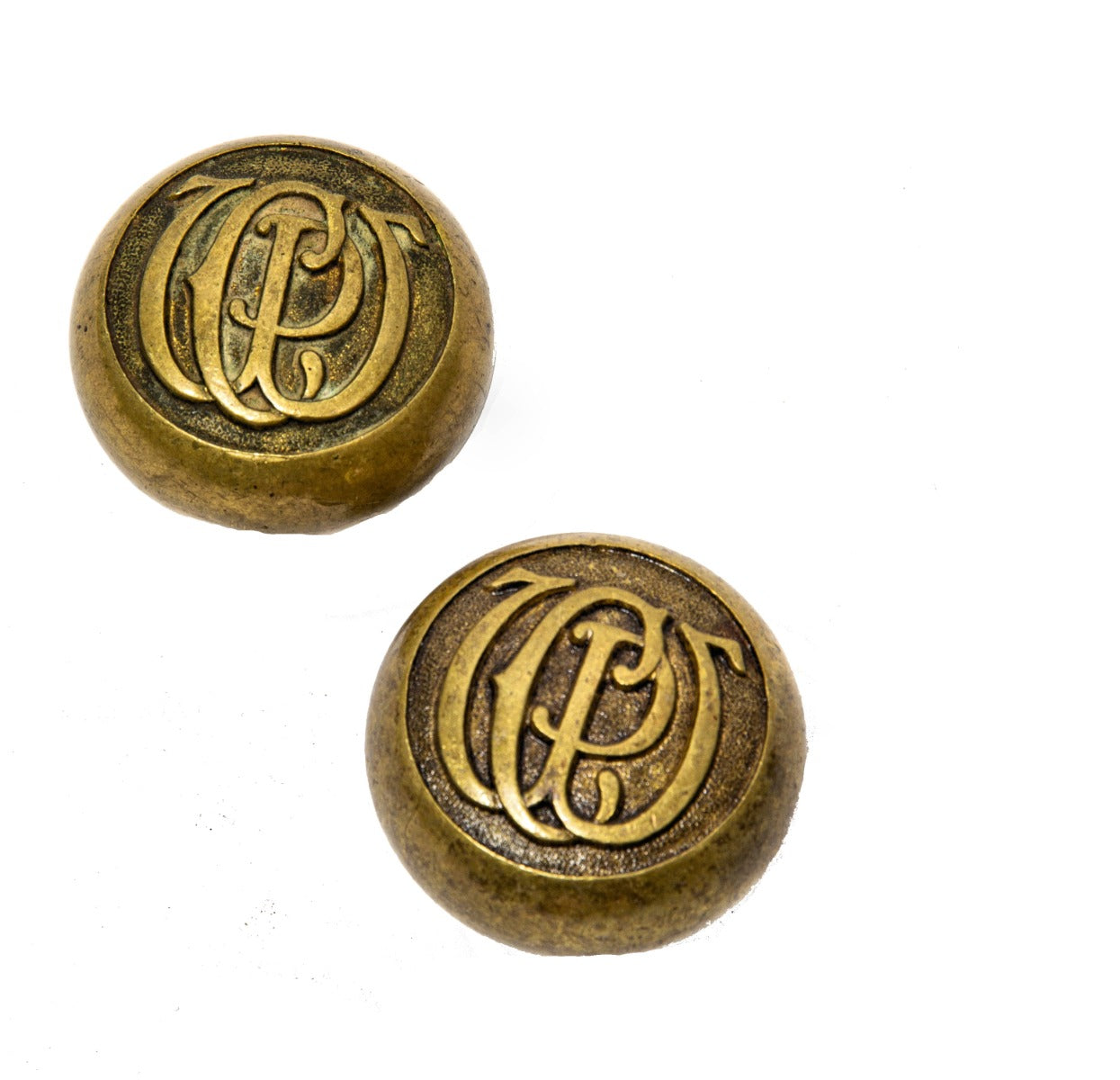 two matching late 19th or early 20th century cast brass monogrammed chicago public works building doorknobs