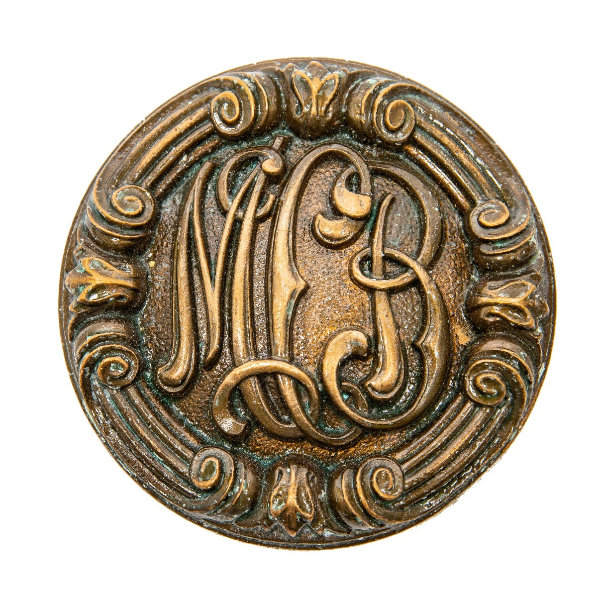 original early 20th century custom-designed ornamental cast bronze monogrammed roanoke building doorknob