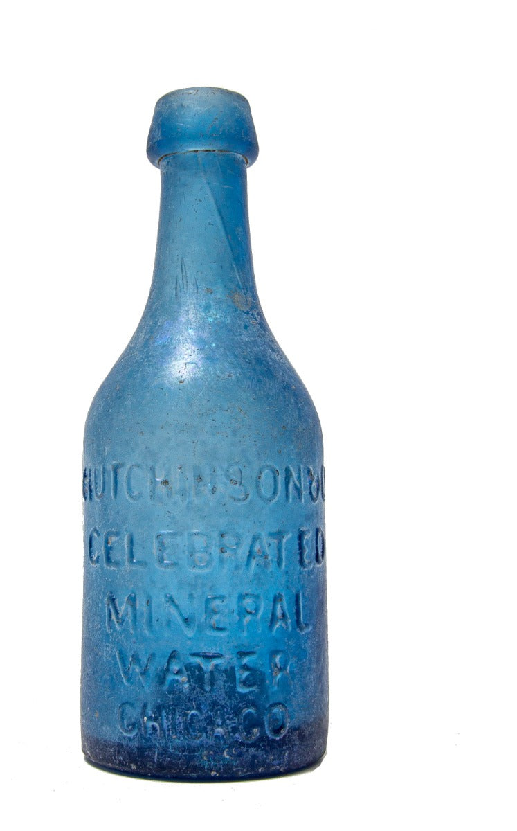 rare early 1850's light cobalt blue glass pontiled mineral water bottle manufactured for chicago bottling giant william h. hutchinson