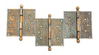 three matching unusual nickel-plated cast bronze celtic pattern ball finial door hinges measuring 6 x 6 inches