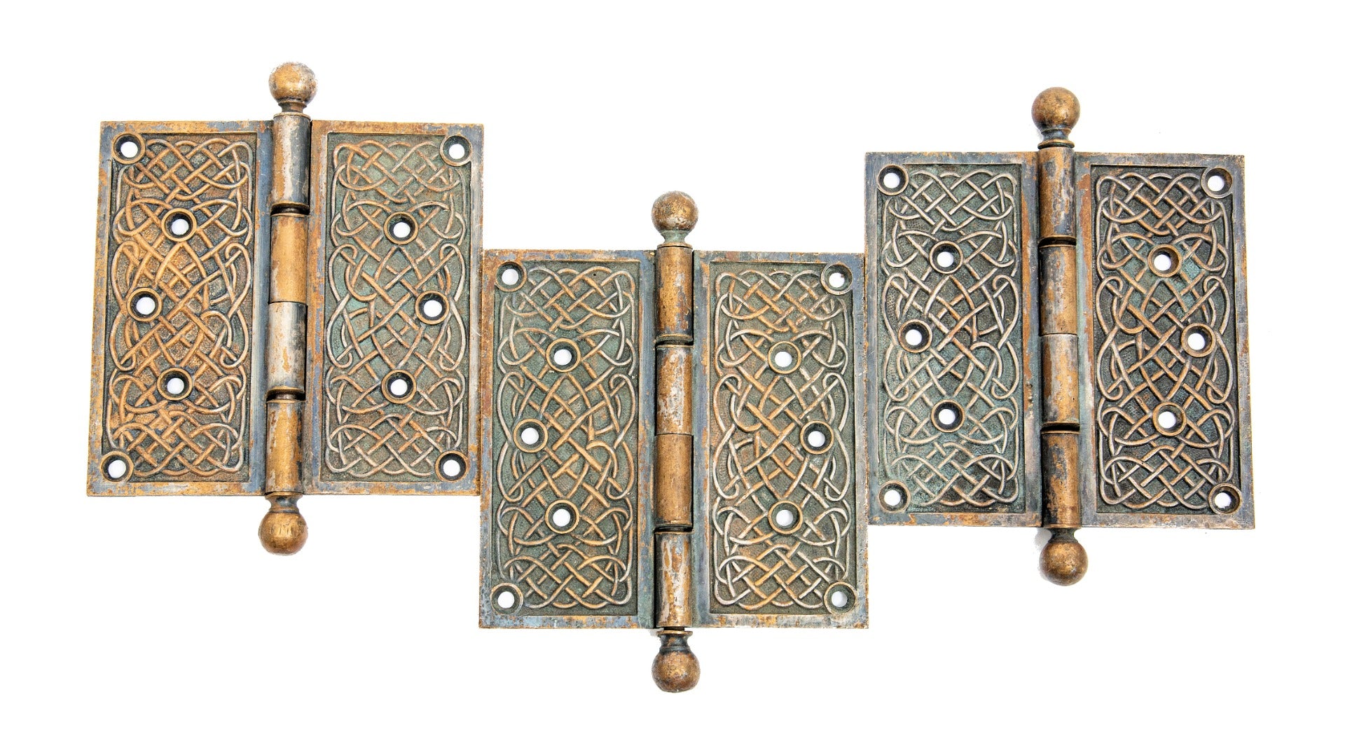 three matching unusual nickel-plated cast bronze celtic pattern ball finial door hinges measuring 6 x 6 inches