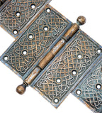 three matching unusual nickel-plated cast bronze celtic pattern ball finial door hinges measuring 6 x 6 inches