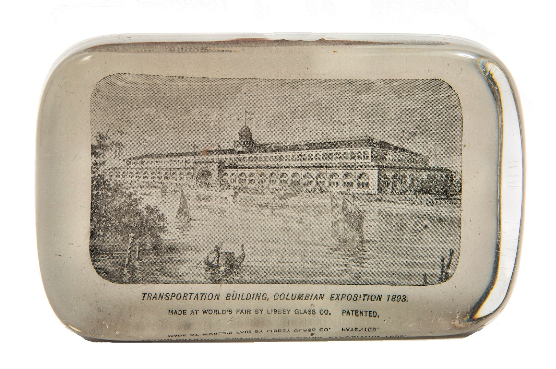 hard to find original 1893 chicago world's fair columbian exposition glass paperweight of adler and sullivan's transportation building