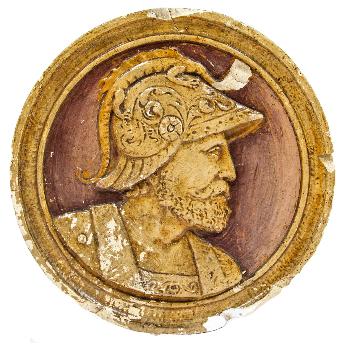 largely intact polychrome enameled cast plaster interior granada theater pilaster rondel or medallion featuring a spanish conquistador in relief