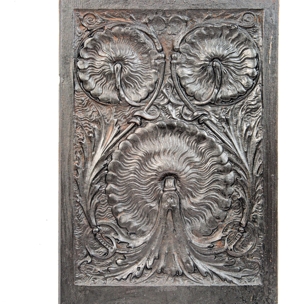 exceptional late 19th century unusually designed salvaged chicago black painted cast iron fireback panels