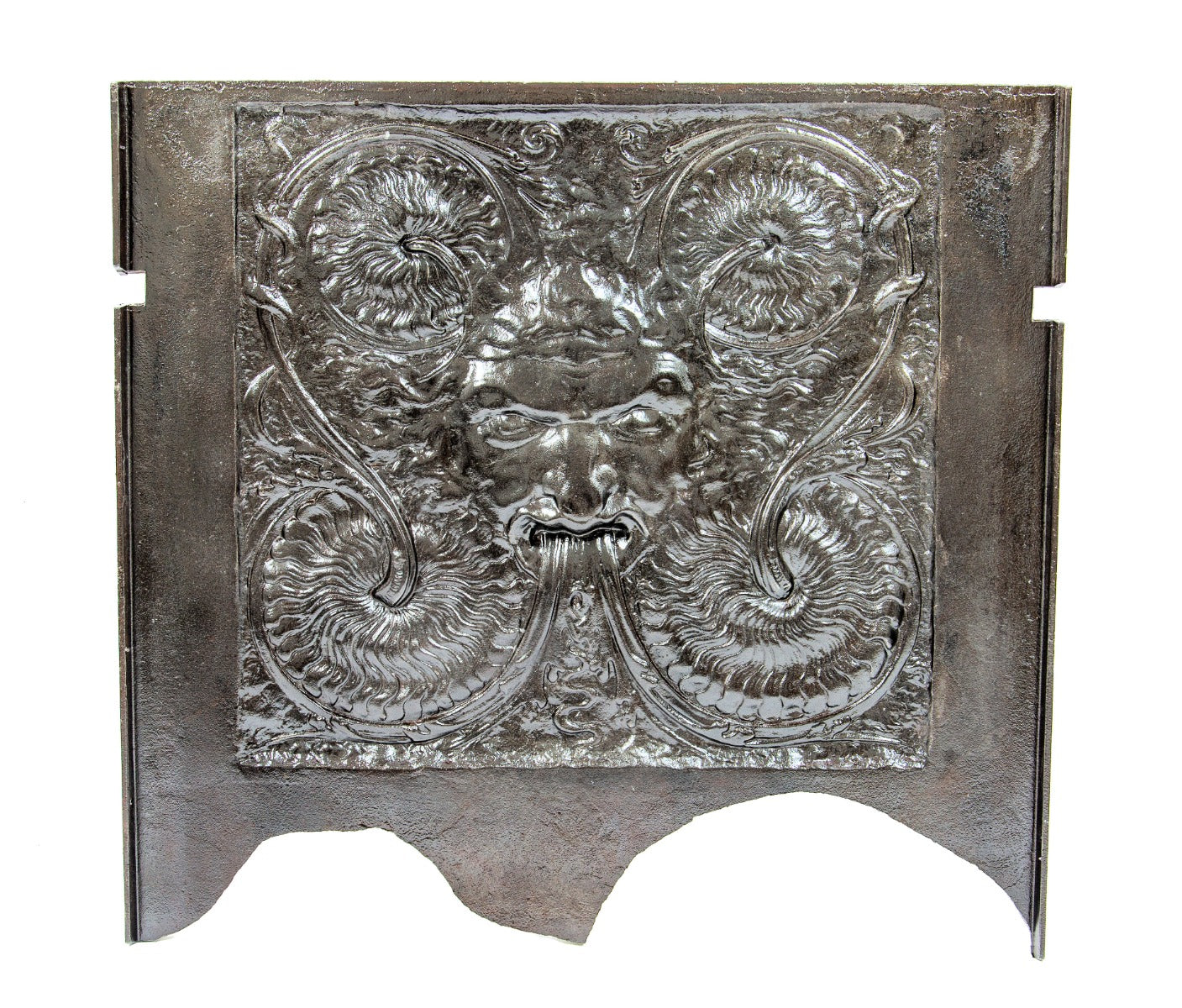 visually distinctive ornamental cast iron figural victorian-era 19th century cast iron fireback with brushed metal finish