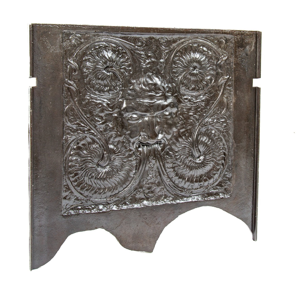 visually distinctive ornamental cast iron figural victorian-era 19th century cast iron fireback with brushed metal finish