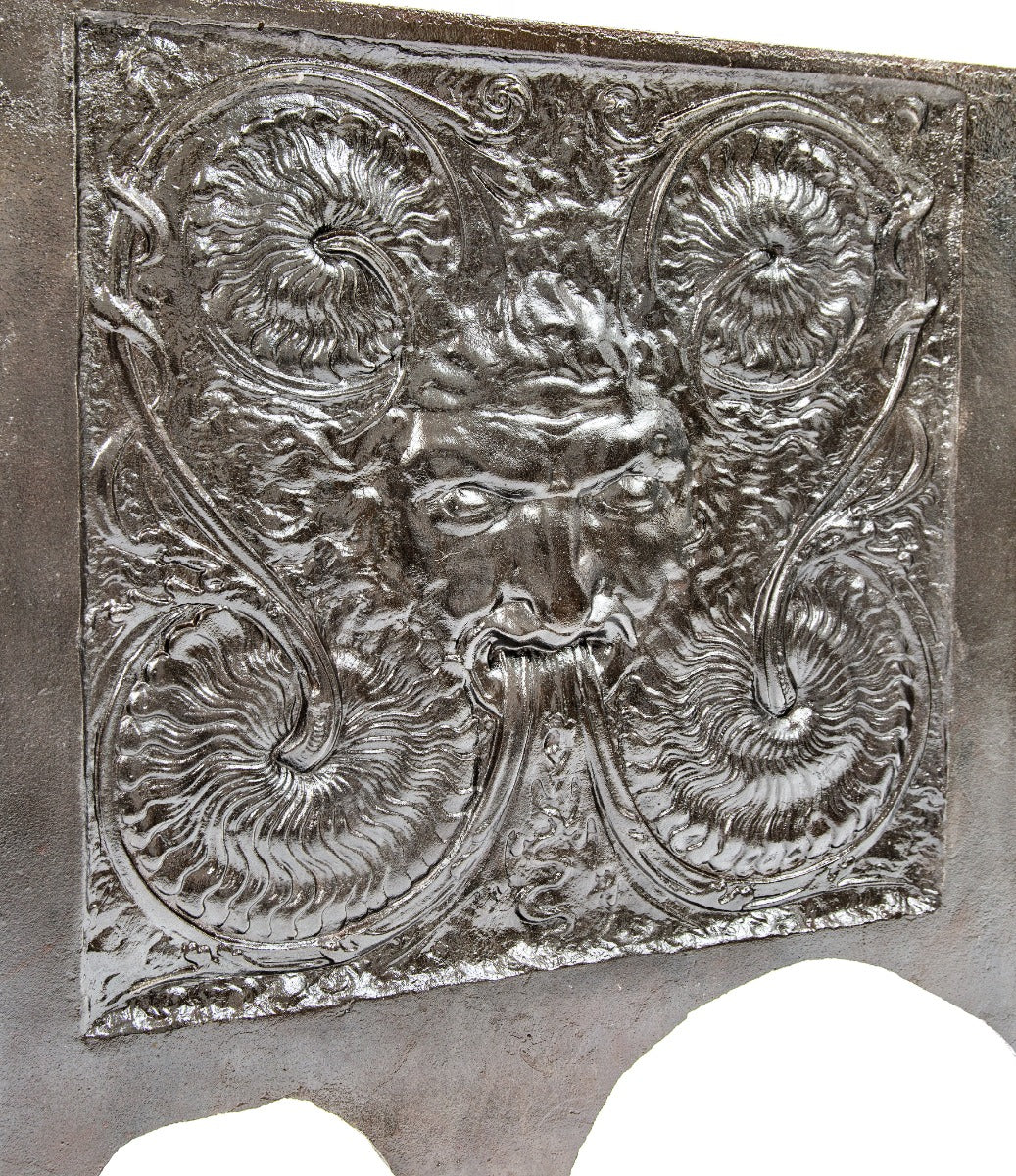 visually distinctive ornamental cast iron figural victorian-era 19th century cast iron fireback with brushed metal finish
