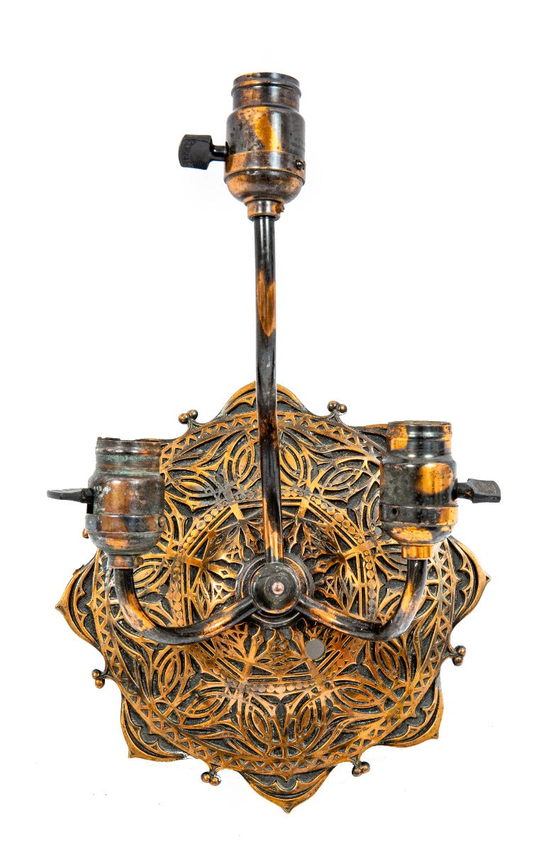 rewired 1894 louis h. sullivan-designed chicago stock exchange building three-arm copper-plated electrolier wall sconce