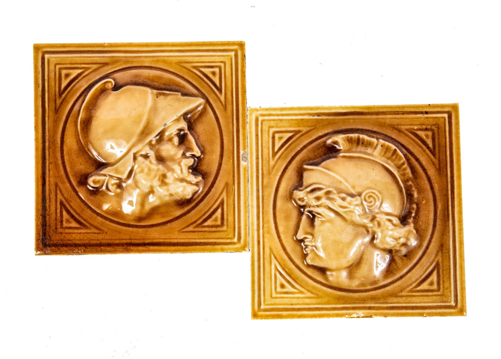 two hard to find salvaged chicago original late 1880s j. & j.g. low art fireplace tiles featuring greek or roman soldiers